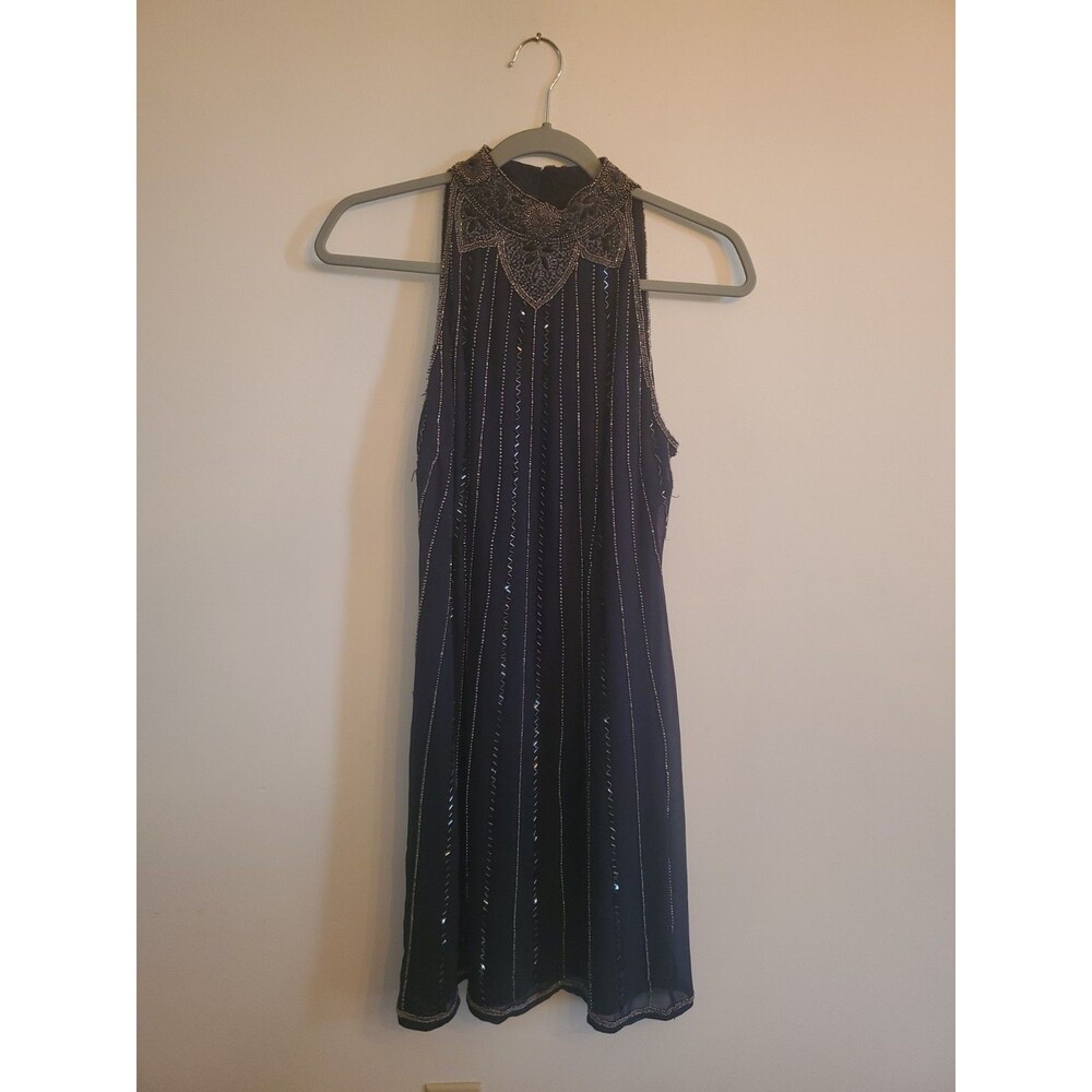 TFNC London Beaded Halter Mini Dress Size Medium Navy Blue Art Deco Cocktail